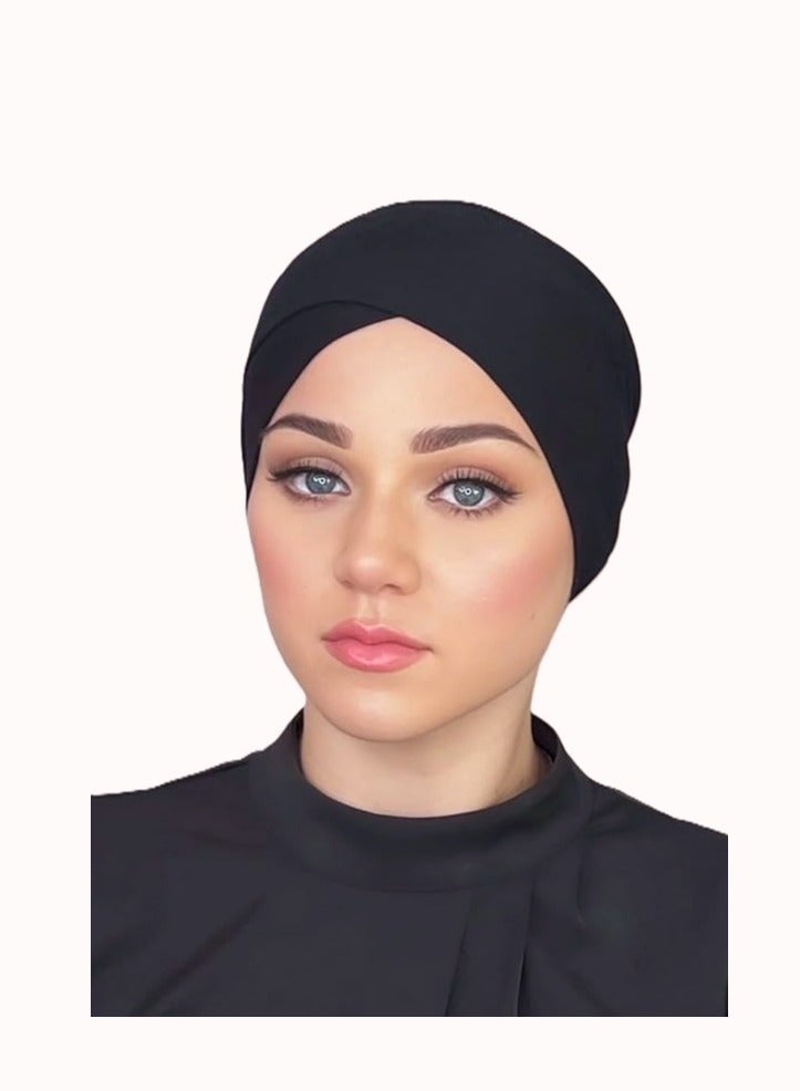 برفكتوري قبعات جيرسي بونيه متقاطعة مثالية تحت وشاح أغطية الرأس للنساء قبعة عمامة خفيفة الوزن ومريحة - أبيض وأسود  - Image 2
