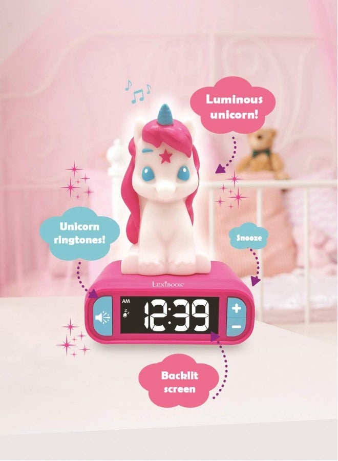 Lexibook Unicorn Digital Alarm Clock RL800UNI for Kids with LED Night Light, Snooze Function, Unicorn Sound Effects, Luminous LCD Display, Cute Bedside Table Clock for Children, Pink Unicorn-Themed Alarm Clock for Boys and Girls Bedroom - Image 4