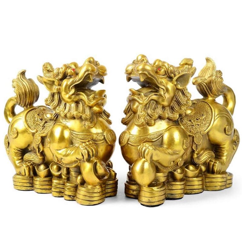 AMTOOCH Feng Shui pi yao Brass Statue a pair Wealth pixiu sculpture Golden Home Decoration FigurineAttract money and Good Luck