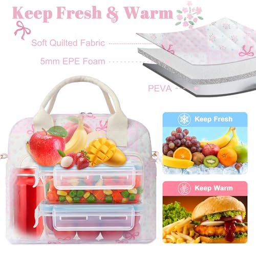 shiprabags Quilted Lunch Box for Women, Large Insulated Lunch Bag for Adult,Elegant Pink Bow Cute Portable Tote Bags for Work Travel Beach Picnic (Pink Bow Grid Pattern, M) - Image 5