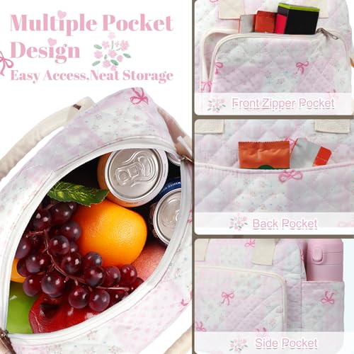 shiprabags Quilted Lunch Box for Women, Large Insulated Lunch Bag for Adult,Elegant Pink Bow Cute Portable Tote Bags for Work Travel Beach Picnic (Pink Bow Grid Pattern, M) - Image 4