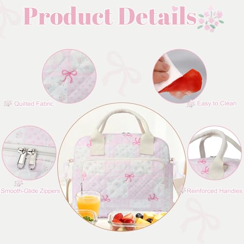 shiprabags Quilted Lunch Box for Women, Large Insulated Lunch Bag for Adult,Elegant Pink Bow Cute Portable Tote Bags for Work Travel Beach Picnic (Pink Bow Grid Pattern, M) - Image 3