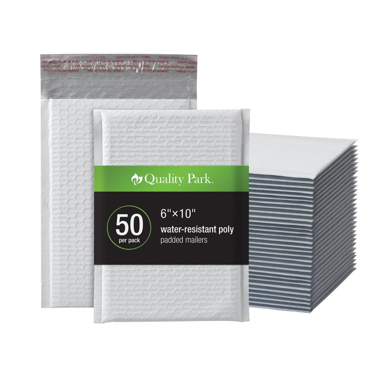 Quality Park Bubble Mailers, 6 x 9 Inch, White Poly Mailers, Padded Envelopes, Shipping Envelopes, Water Resistant, Self Seal, 50 Per Box (QUA85856), Plastic - Image 1
