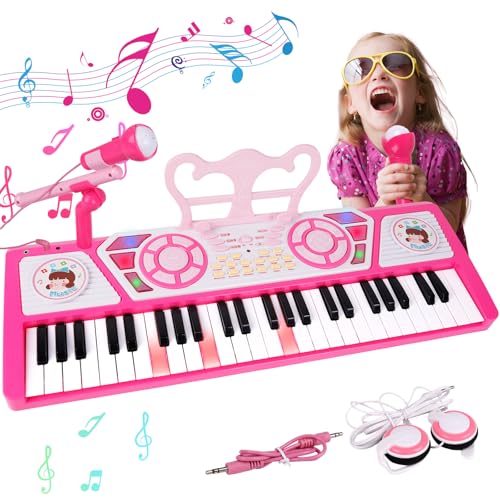 M SANMERSEN Kids Piano Keyboard 49 Keys Electronic Toy Keyboard Piano with Microphone Headphone for Beginners Multifunctional Musical Instruments Learning Pianos Keyboards Kid Gifts for Girls Pink - Image 1