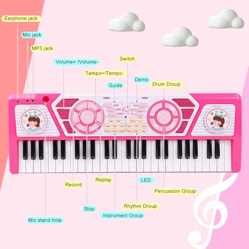 M SANMERSEN Kids Piano Keyboard 49 Keys Electronic Toy Keyboard Piano with Microphone Headphone for Beginners Multifunctional Musical Instruments Learning Pianos Keyboards Kid Gifts for Girls Pink - Image 5