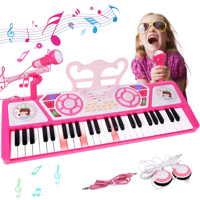 M SANMERSEN Kids Piano Keyboard 49 Keys Electronic Toy Keyboard Piano with Microphone Headphone for Beginners Multifunctional Musical Instruments Learning Pianos Keyboards Kid Gifts for Girls Pink - Image 3