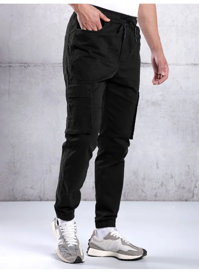 بيونغ Solid Cotton Black Cargo Pant For Men