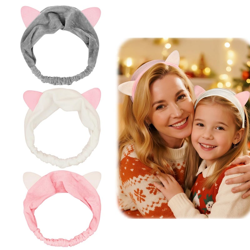 Dreamlover Christmas Stocking Stuffers & Holiday Gifts for Teen Girls, 3 Pieces Cat Ears Soft Velvet Skincare Headband, Reusable Hair Bands for Face Washing, Makeup, SPA, Sleepovers - Image 1