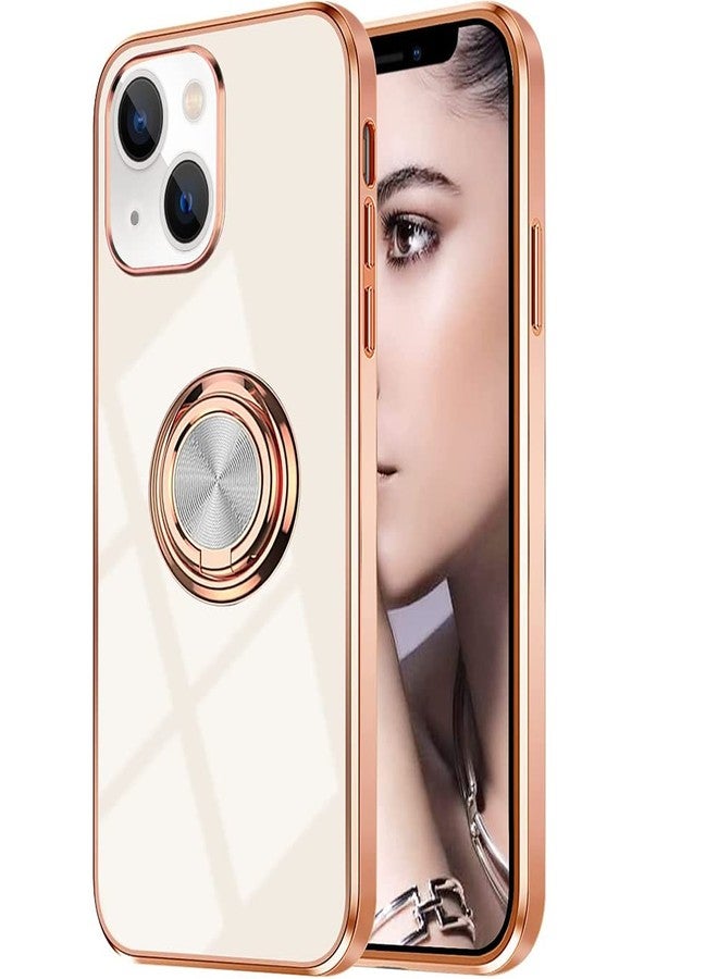 Omorro جراب Omorro متوافق مع هاتف iPhone 14 باللون الذهبي الوردي للنساء والفتيات، مزود بحلقة حامل قابلة للدوران 360 درجة، مصنوع من مادة TPU، مع حافة مطلية، متوافق مع التثبيت المغناطيسي، جراب فاخر رفيع، أبيض - Image 1