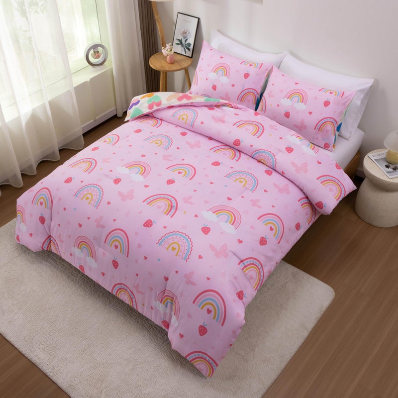 Btargot Lightweight Soft 3 Piece Rainbow Comforter Set With 2 Pillow Covers  Cartoon Butterfly Leaves Flowers Bedding Set For Girls Boys Kids  Twin Pink - Image 2