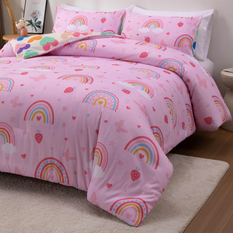 Btargot Lightweight Soft 3 Piece Rainbow Comforter Set With 2 Pillow Covers  Cartoon Butterfly Leaves Flowers Bedding Set For Girls Boys Kids  Twin Pink - Image 3