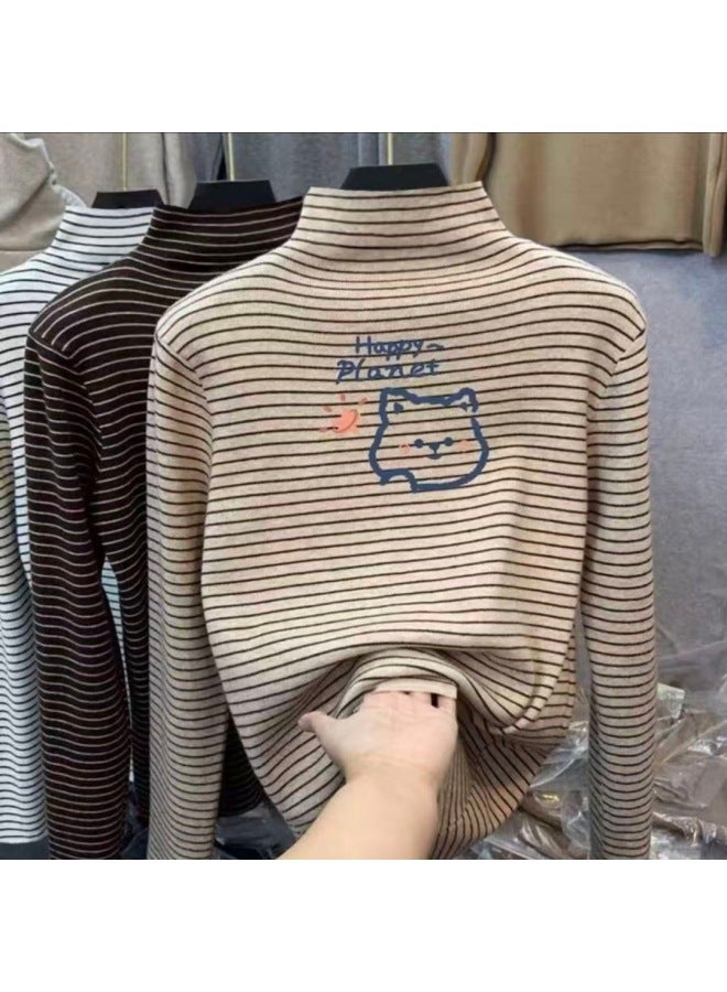Boys And Girls' Thermal Base Layer Shirts, Spring And Autumn, Big Kids' Half-high Collar Long-sleeve T-shirts, Stylish Striped Warm Tops