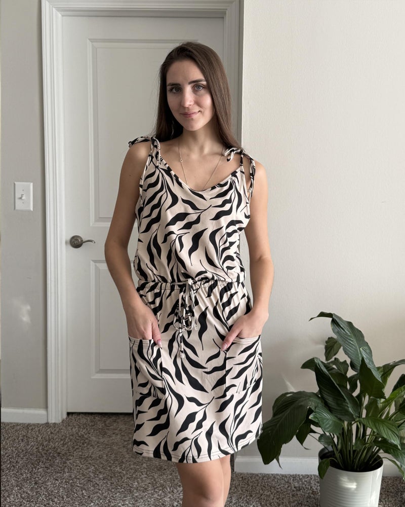 AUSELILY Womens Summer Dresses Sleeveless Spaghetti Strap Beach Cover up Drawstring Waist Mini Short Dress with Pockets New Black Leaf L - Image 3