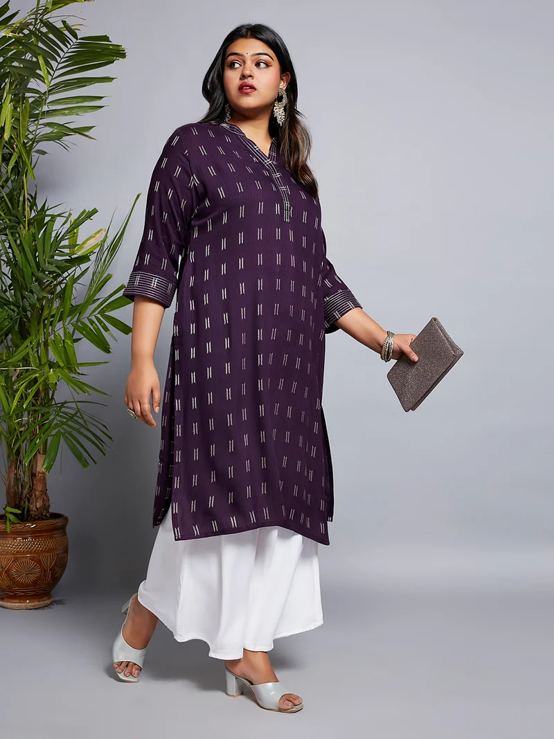 globus Globus Gloplus Women Mandarin Collar Zari Detail Woven Design Straight Plus Size Workwear Kurta