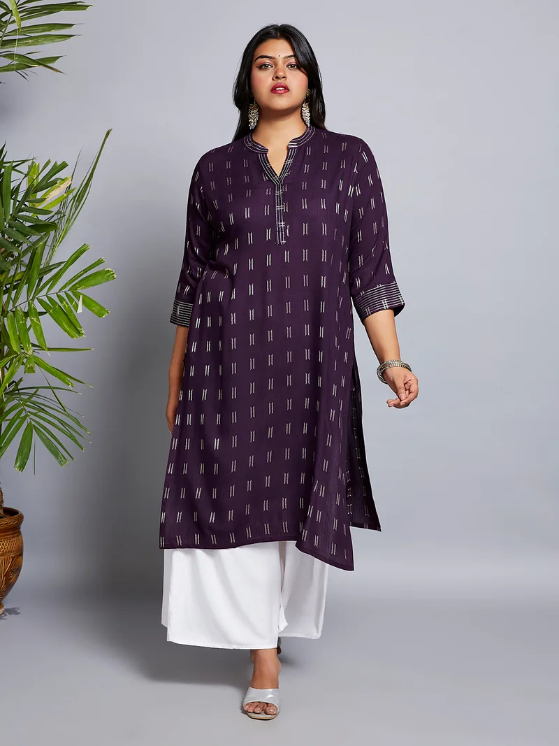 globus Globus Gloplus Women Mandarin Collar Zari Detail Woven Design Straight Plus Size Workwear Kurta