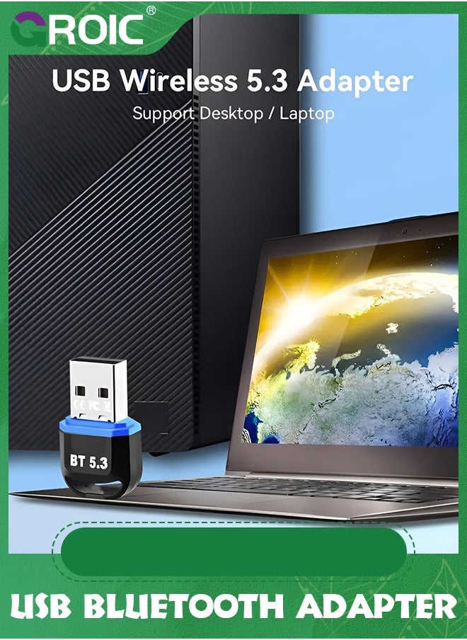GROIC محول بلوتوث USB أزرق 5.3 للكمبيوتر المكتبي، توصيل وتشغيل جهاز استقبال دونجل بلوتوث صغير وجهاز إرسال للكمبيوتر المحمول وسماعات رأس بلوتوث ولوحة المفاتيح ومكبرات الصوت والماوس والطابعة Windows 11/10/8.1  - Image 3