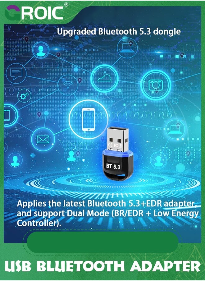 GROIC - Blue USB Bluetooth Adapter 5.3 for Desktop PC, Plug & Play Mini Bluetooth Dongle Receiver & Transmitter for Laptop Computer Bluetooth Headphones Keyboard Mouse Speakers Printer Windows 11/10/8.1 - Image 1