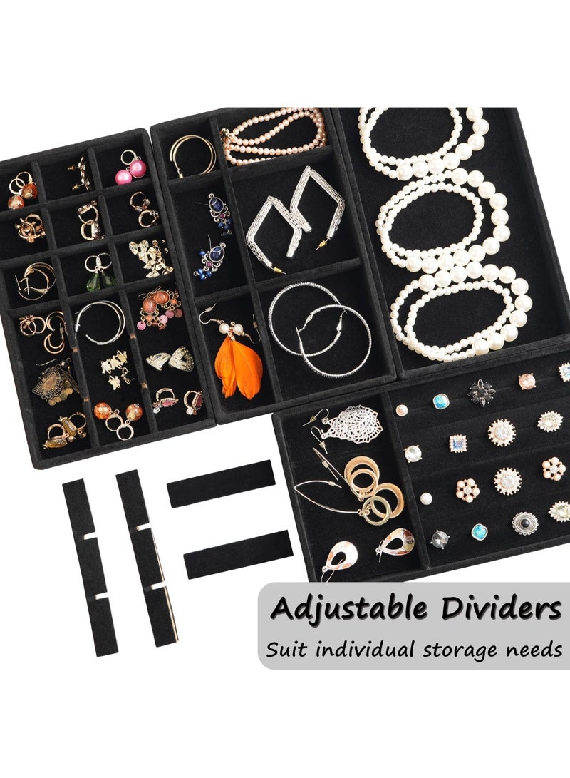 بتيمفم طقم صواني تنظيم مجوهرات مخملية، أدراج مجوهرات قابلة للتكديس للخواتم والأقراط والقلائد والأساور، صواني تخزين مجوهرات صغيرة للنساء (طقم من 4 قطع، أسود) - Image 2