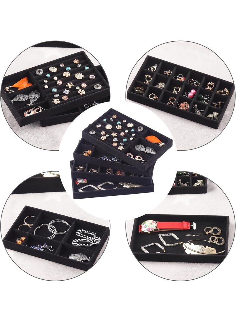بتيمفم طقم صواني تنظيم مجوهرات مخملية، أدراج مجوهرات قابلة للتكديس للخواتم والأقراط والقلائد والأساور، صواني تخزين مجوهرات صغيرة للنساء (طقم من 4 قطع، أسود) - Image 4