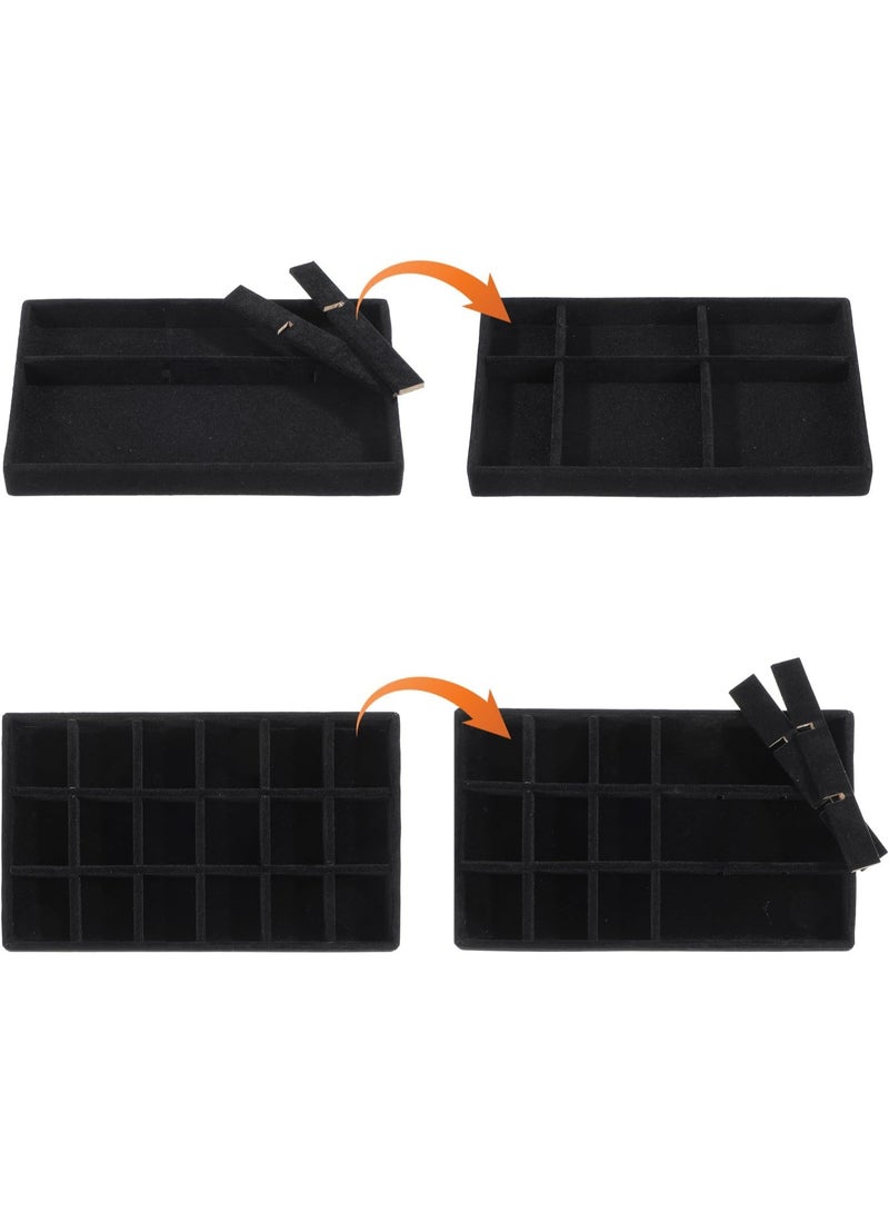 بتيمفم طقم صواني تنظيم مجوهرات مخملية، أدراج مجوهرات قابلة للتكديس للخواتم والأقراط والقلائد والأساور، صواني تخزين مجوهرات صغيرة للنساء (طقم من 4 قطع، أسود) - Image 3