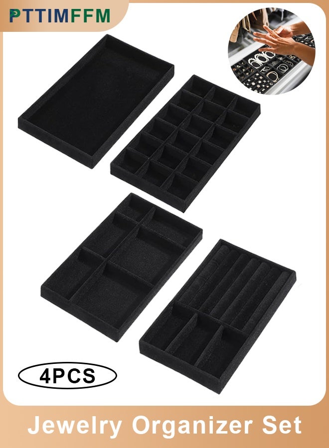 بتيمفم طقم صواني تنظيم مجوهرات مخملية، أدراج مجوهرات قابلة للتكديس للخواتم والأقراط والقلائد والأساور، صواني تخزين مجوهرات صغيرة للنساء (طقم من 4 قطع، أسود) - Image 1