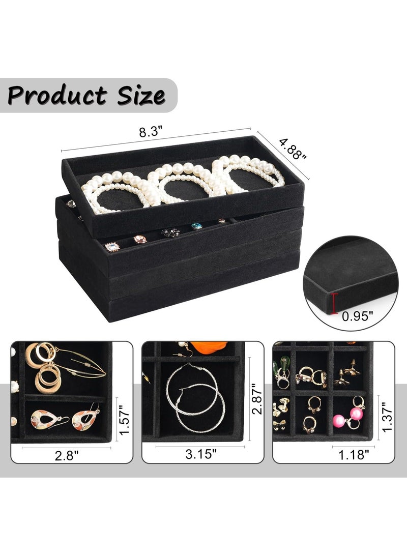 بتيمفم طقم صواني تنظيم مجوهرات مخملية، أدراج مجوهرات قابلة للتكديس للخواتم والأقراط والقلائد والأساور، صواني تخزين مجوهرات صغيرة للنساء (طقم من 4 قطع، أسود) - Image 5