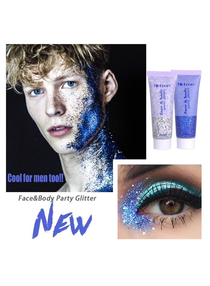 KASTWAVE 2pcs Body Glitter Mermaid Sequins Liquid Holographic Gel Chunky Face Eye Lip Hair Nail Festival Makeup Sparkling for Women Blue Silver - Image 2