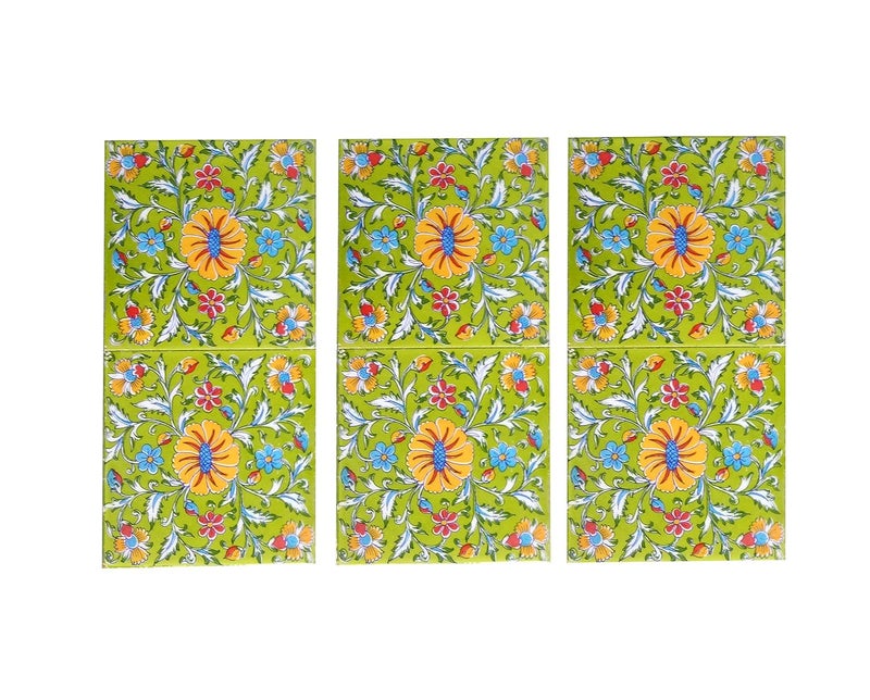 Shiv Kripa Blue Pottery Decorative Wall Mural Mosaic Tiles Ceramic Kitchen Washroom Tile Handmade Tabletop Interior Exterior Flooring Wall Wall Tiles 6 x 6 Inch Set of 6 Tiles Green Multi Color
