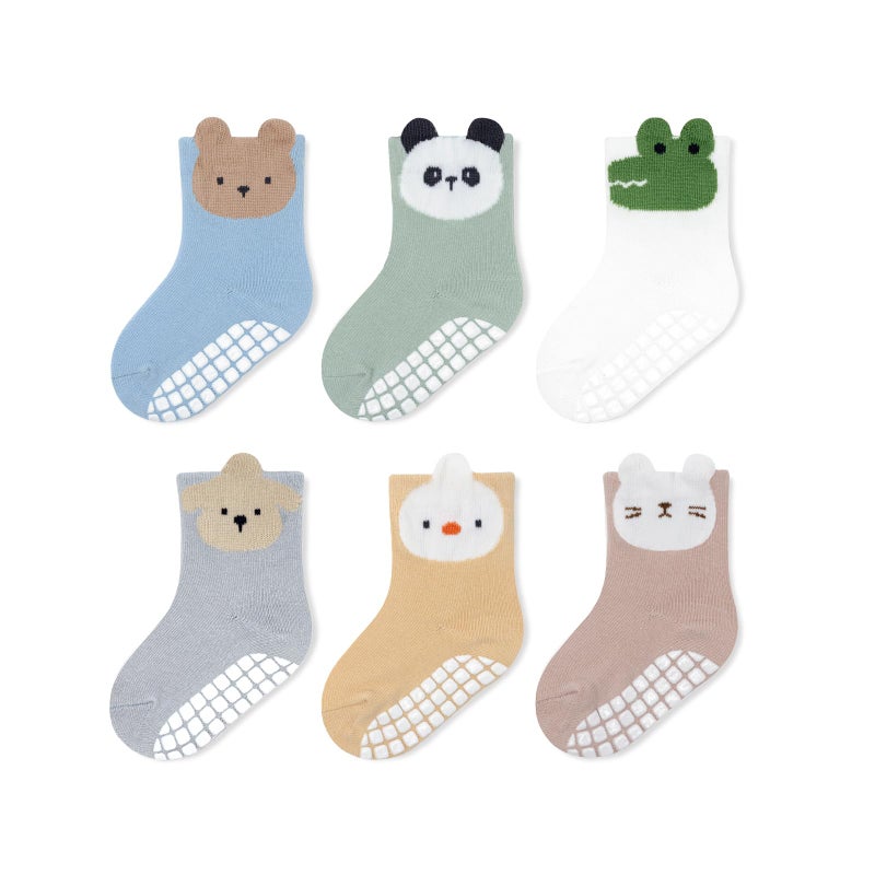 Bearbay Baby Socks 6 Pairs - Non-Slip Gripper for Toddlers, Infants & Kids, Soft Cotton Crew Socks for Boys & Girls - Image 1