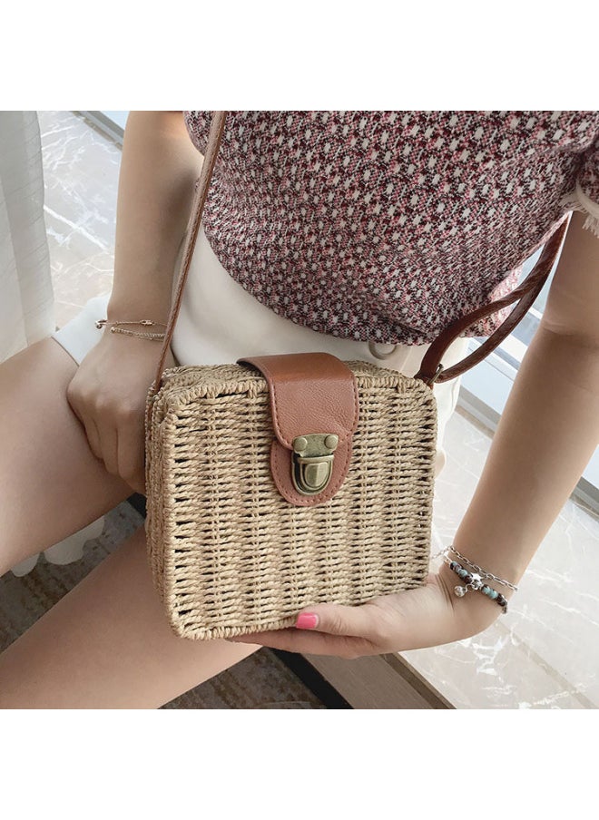 Loquat Summer Beach Straw Bag Seaside Leisure Vacation Small Square Bag Woven Women's Bag Rattan Bag Shoulder Crossbody Bag-Color:Beige White  - Image 2