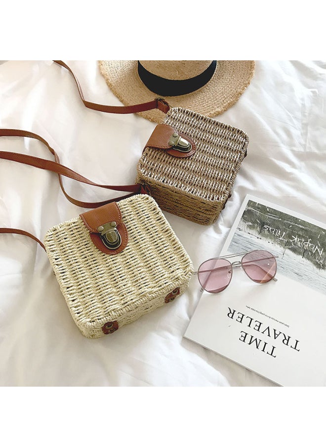 Loquat Summer Beach Straw Bag Seaside Leisure Vacation Small Square Bag Woven Women's Bag Rattan Bag Shoulder Crossbody Bag-Color:Beige White  - Image 1
