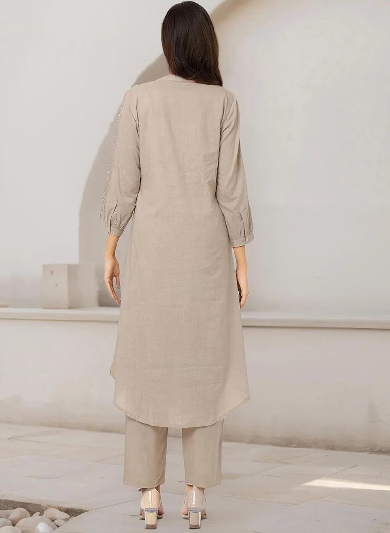 ISHIN Women's Off White Cotton Blend Embellished Button Down Full Length Palazzo Straight Fit Kurta Set
