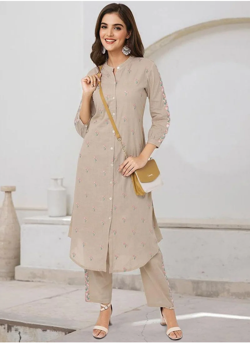 آي شين Women's Off White Cotton Blend Embellished Button Down Full Length Palazzo Straight Fit Kurta Set