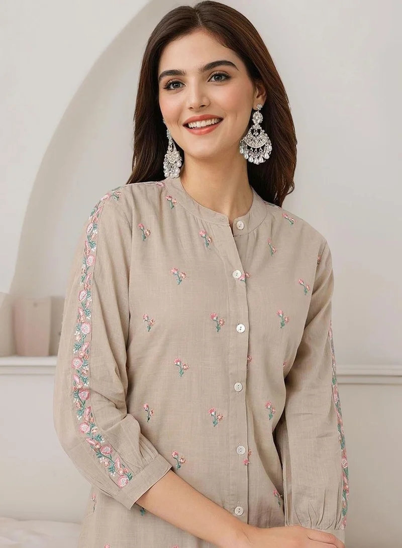 ISHIN Women's Off White Cotton Blend Embellished Button Down Full Length Palazzo Straight Fit Kurta Set