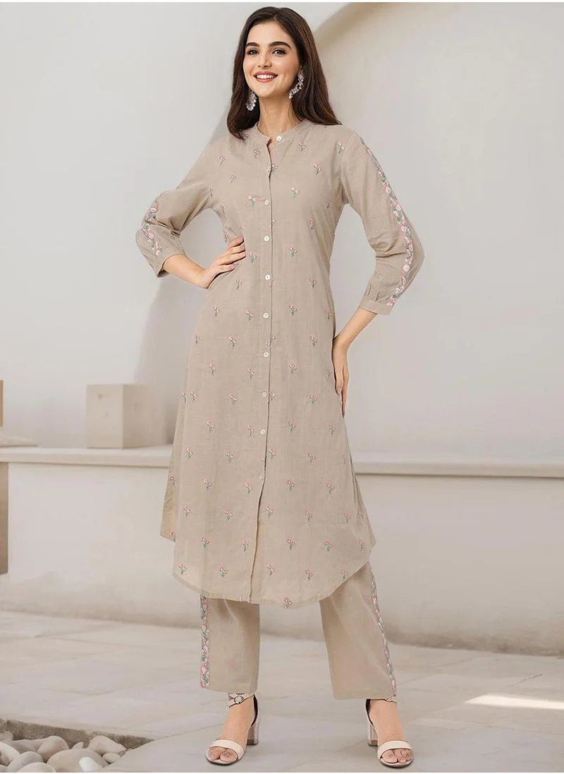 آي شين Women's Off White Cotton Blend Embellished Button Down Full Length Palazzo Straight Fit Kurta Set