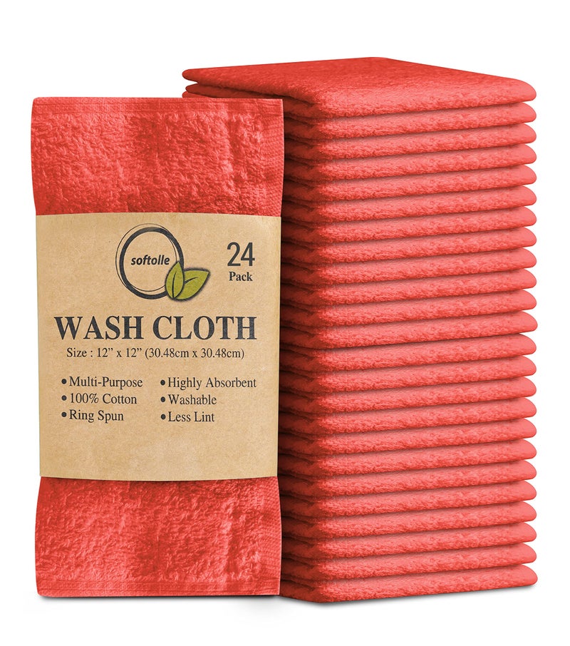 Softolle 100 Cotton Washcloths 24 Pack 12x12 Inches Soft Highly Absorbent Washcloth Face Towels Wash Cloths for Face Ring Spun Bulk Pack Coral