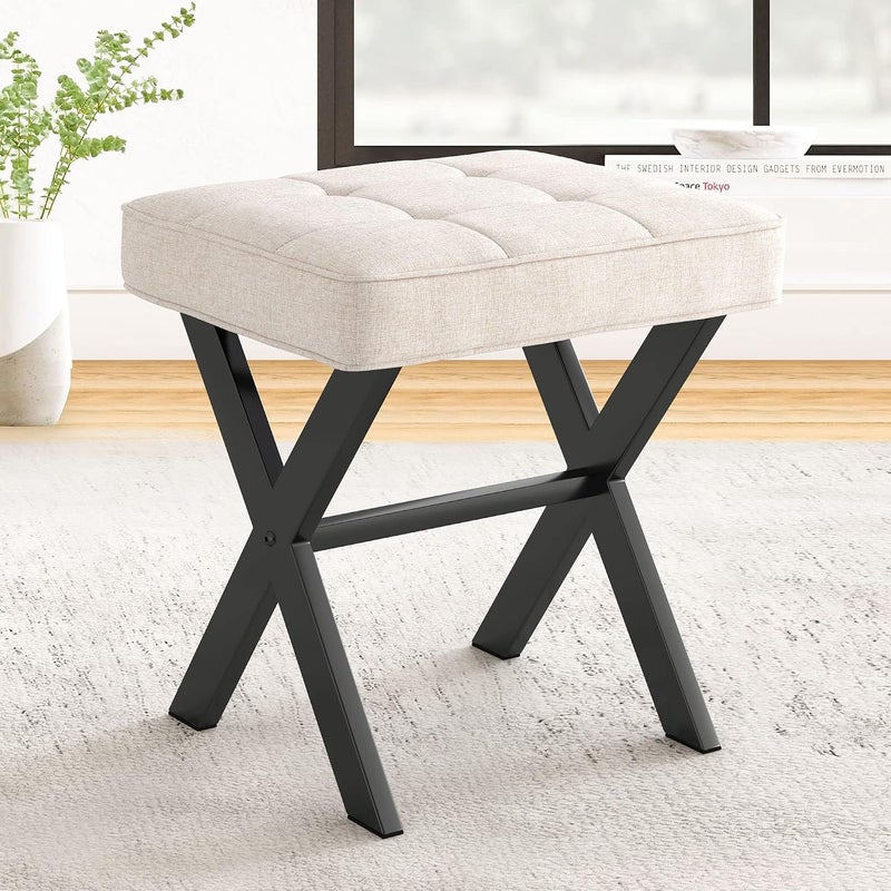 LUE BONA Modern Ottoman Foot Stool with X-Leg Design, Linen Color - Image 1