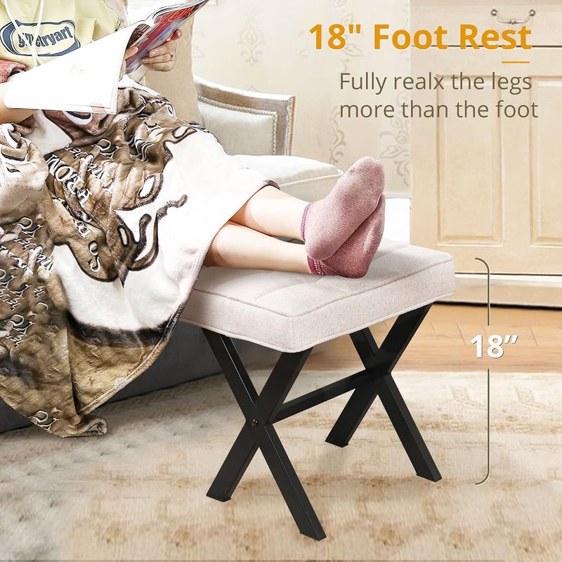 LUE BONA Modern Ottoman Foot Stool with X-Leg Design, Linen Color - Image 4