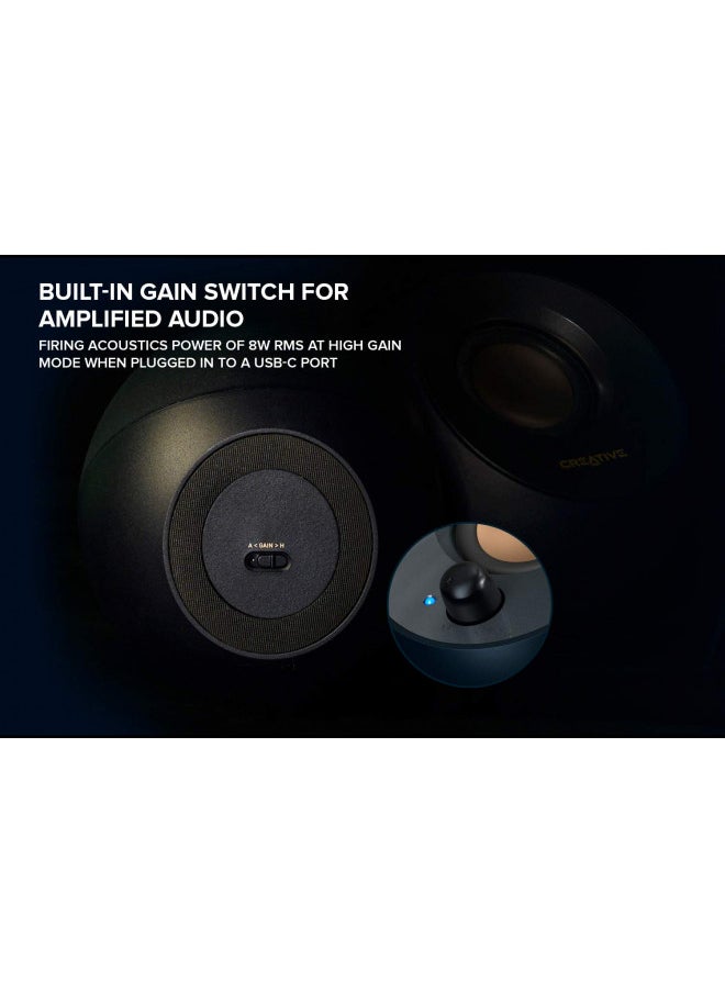 Creative - Creative Pebble V2 - Minimalistic 2.0 USB-C Powered Desktop Speakers, 3.5 mm AUX-in, Up to 8W RMS Power for Computers and Laptops, Type-A Adapter Included and Extended Cable (Black) - Image 1