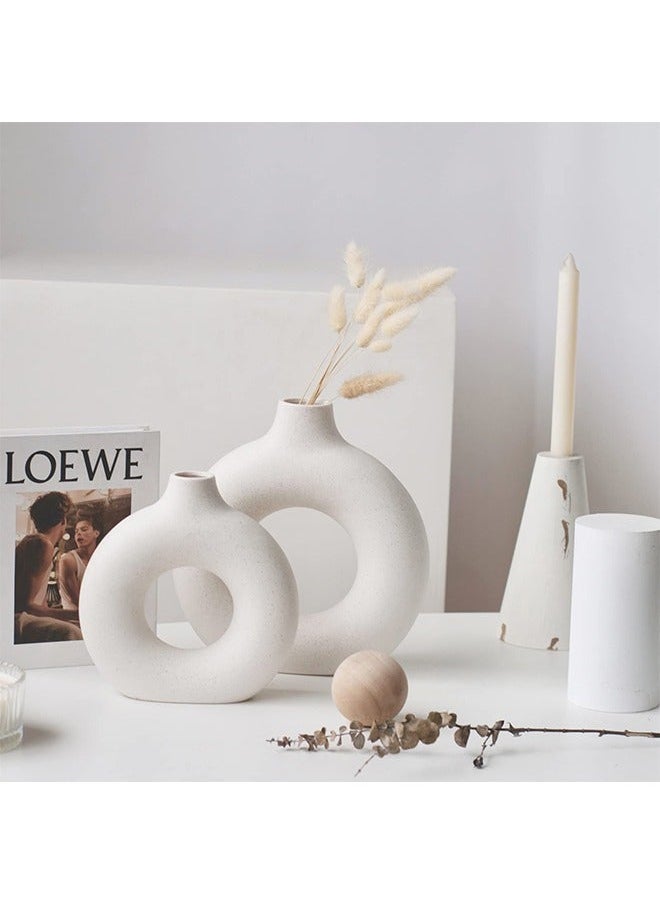 Captaintech Ceramic hollow donut vase set of 2,off white vases for decor nordic minimalism style decor for wedding dinner table party living room office bedroom  - Image 3