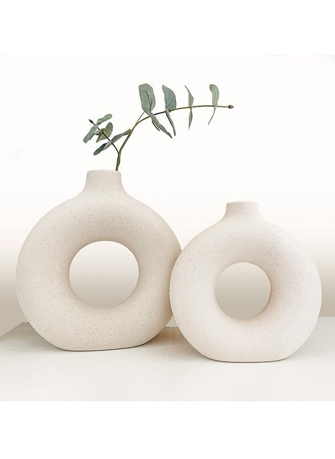 Captaintech Ceramic hollow donut vase set of 2,off white vases for decor nordic minimalism style decor for wedding dinner table party living room office bedroom  - Image 5