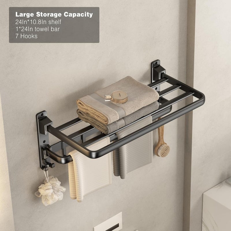 VOLDRA Towel Racks for Bathroom, 24-Inch Towel Shelf with Towel Bar Foldable Towel Holder with 7 Hooks Towel Storage Organizer for Bathroom & Lavatory Wall Mounted(Matte Black) - Image 2