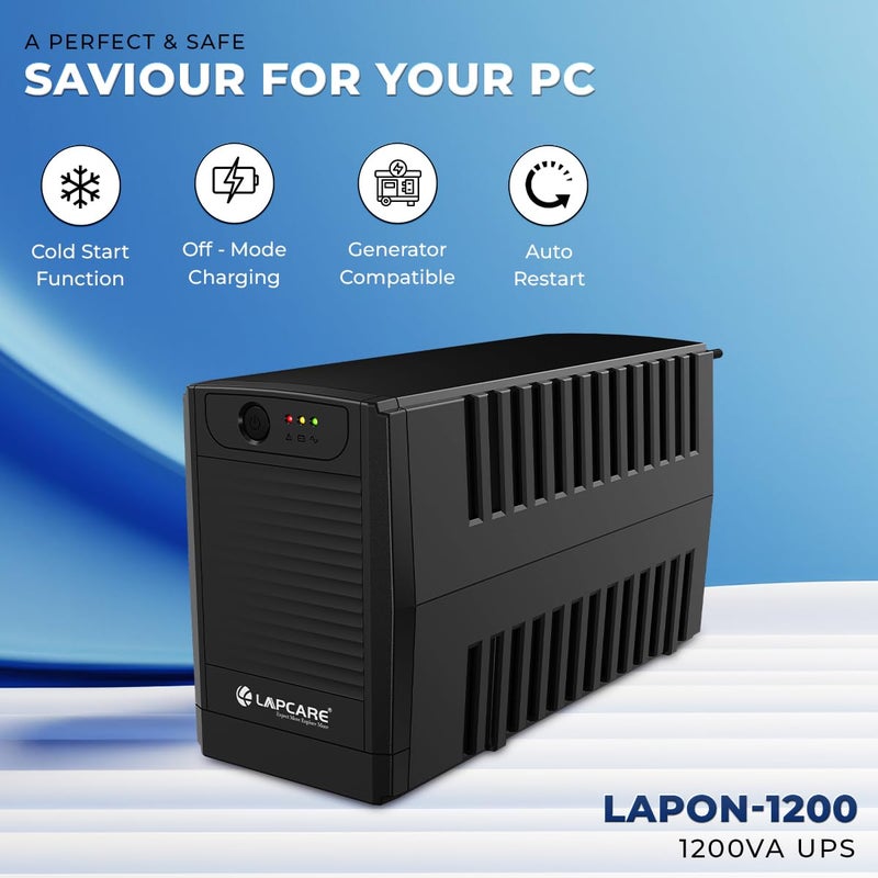 Lapcare 1KVA - 1200VA /600W، 230V، نظام UPS، احتياطي الطاقة وحماية مثالية لمكتب المنزل، الكمبيوتر المكتبي والإلكترونيات المنزلية - Image 2