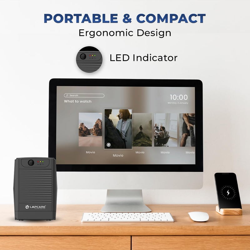 Lapcare 1KVA - 1200VA /600W، 230V، نظام UPS، احتياطي الطاقة وحماية مثالية لمكتب المنزل، الكمبيوتر المكتبي والإلكترونيات المنزلية - Image 3
