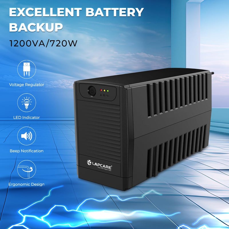 Lapcare 1KVA - 1200VA /600W، 230V، نظام UPS، احتياطي الطاقة وحماية مثالية لمكتب المنزل، الكمبيوتر المكتبي والإلكترونيات المنزلية - Image 4
