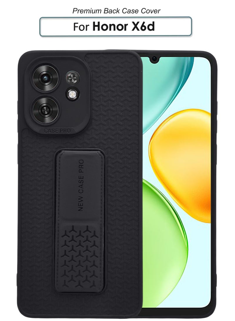 Honor X6d - Black Semi Soft Self Designed Magnetic Back Stand Case  With Foldable Kickstand & Finger Strap - Image 1