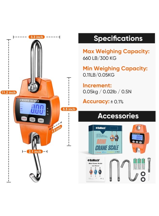 660lb Digital Hanging Scale with Cast Aluminum Case, Handheld 300Kg Mini Crane Scale with Hooks for Farm Hunting Fishing Outdoor (Orange) - Image 4