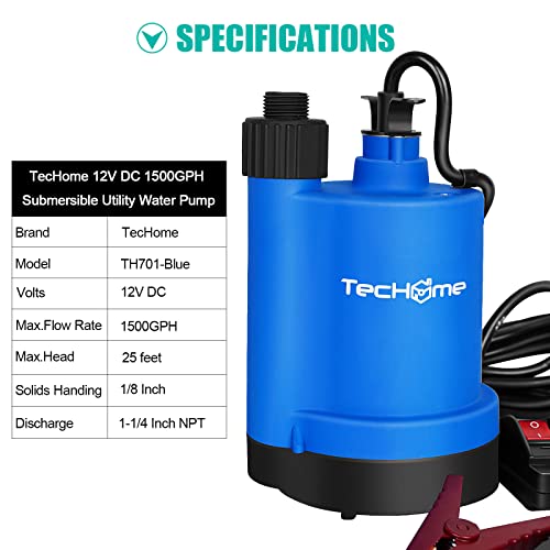 TecHome 12v Pump，1500GPH Water Transfer Pump Sump Pump Submersible Water Pump, With 20 Feet Power Cord. - Image 2