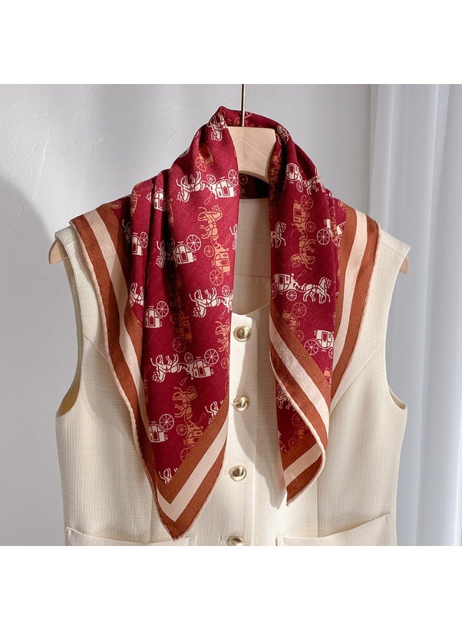 Handmade Silk & Wool Scarf, Red Horse Carriage Print Pattern