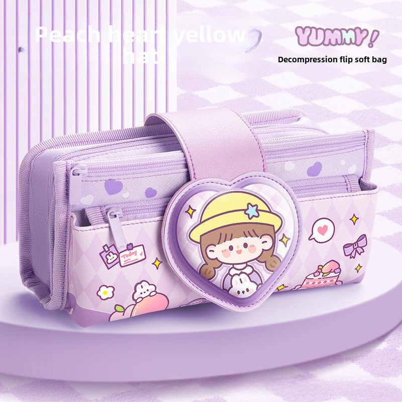 Kababear Large Capacity Pencil Case for Girls Peach small yellow cap
